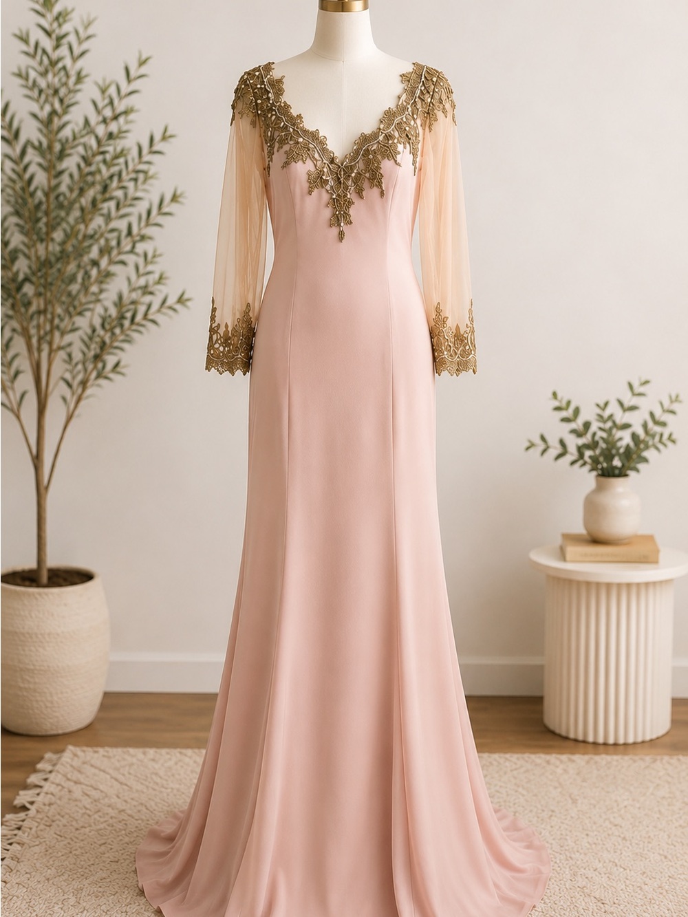Gold-Embellished Blush Long Sleeve Evening Gown